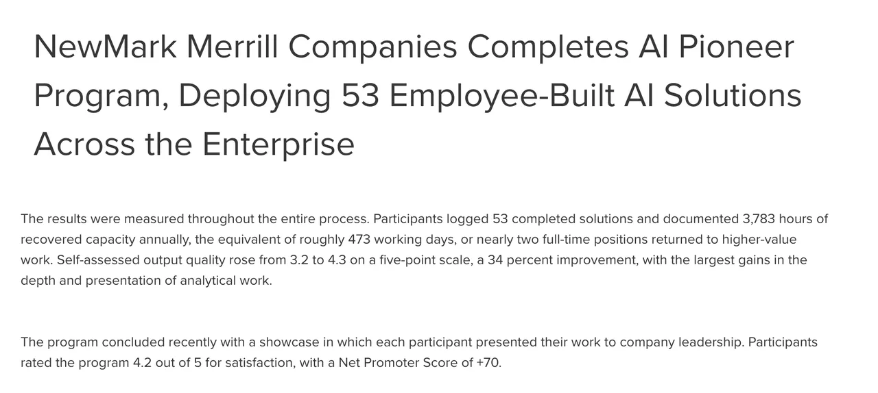 Screenshot of a PR Newswire release headlined 'NewMark Merrill Companies Completes AI Pioneer Program, Deploying 53 Employee-Built AI Solutions Across the Enterprise,' featuring a paragraph reporting 53 completed solutions, 3,783 hours of recovered capacity per year, and a net promoter score of +70.