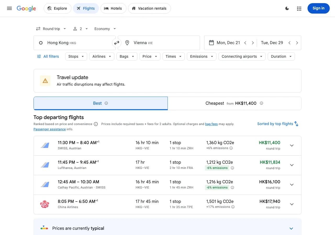 Google Flights results for Hong Kong to Vienna, 21 to 29 December, 2 adults, economy: SWISS and Austrian via Zurich at HK$11,400 round trip, with a 1 hour 10 minute connection.