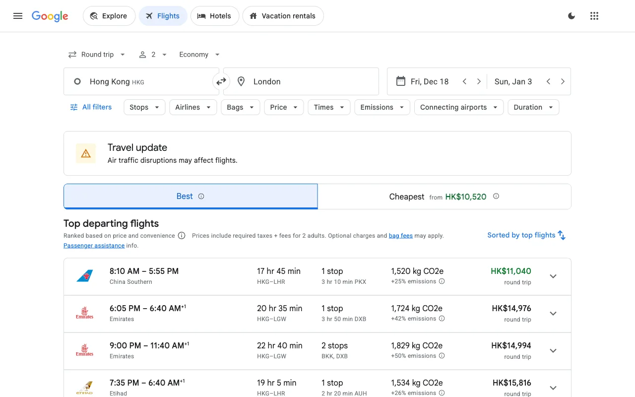 Google Flights results for Hong Kong to London, 18 December to 3 January, 2 adults, economy, round trip, with fares in Hong Kong dollars.