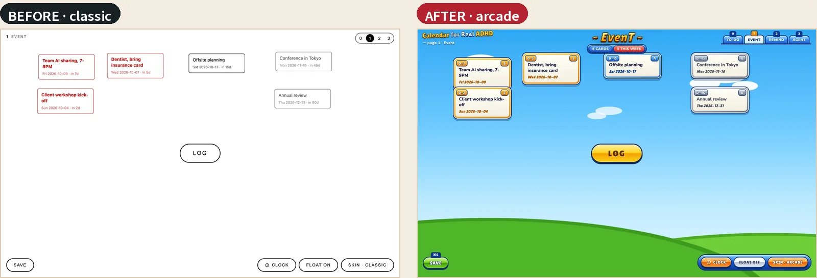 Before and after, with the same sample cards: the classic skin, a white page with thin black outlines, and the arcade skin, a game lobby with sky, hills, a gold title and framed cards.