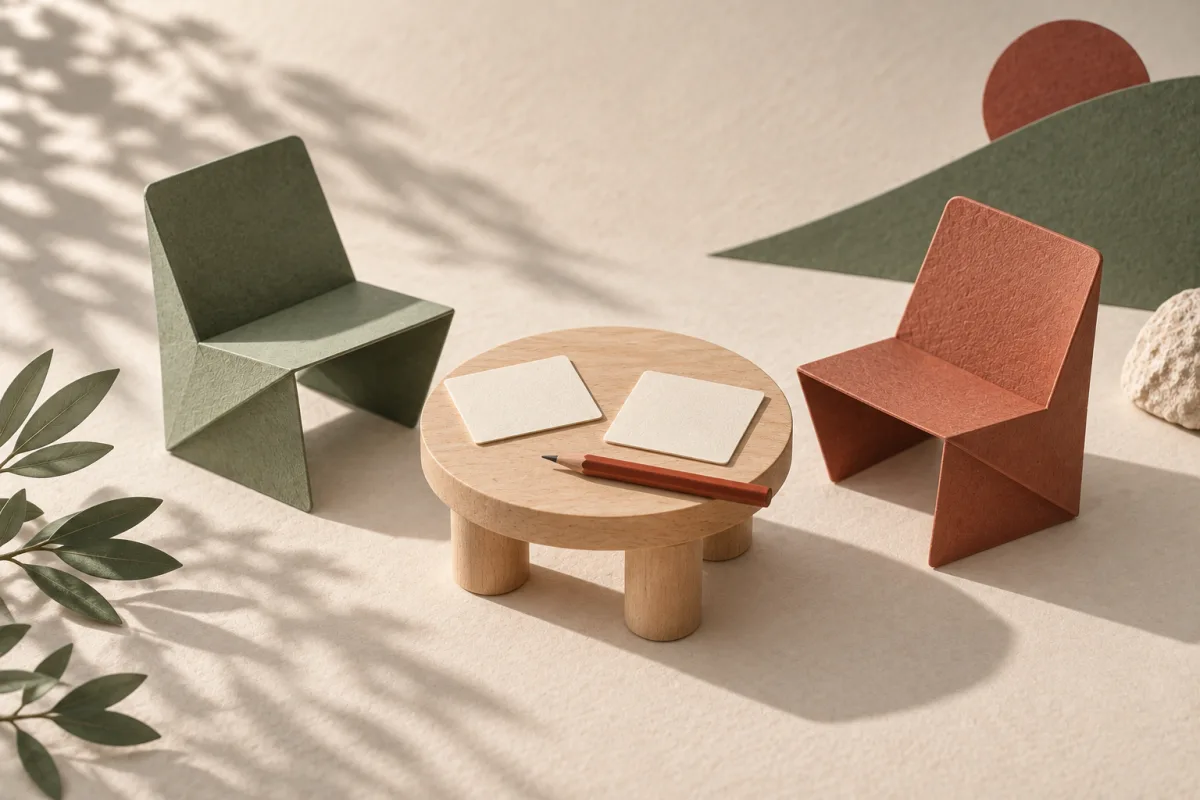 Two folded-paper chairs face a wooden table and blank cards, representing a conversation about training needs.