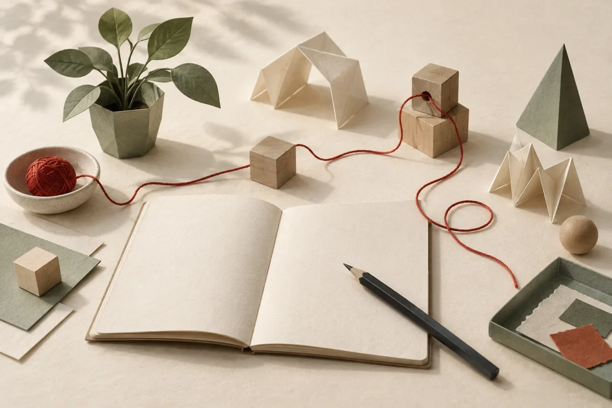 A notebook, red thread, wooden blocks and paper models form a workbench for everyday experiments.