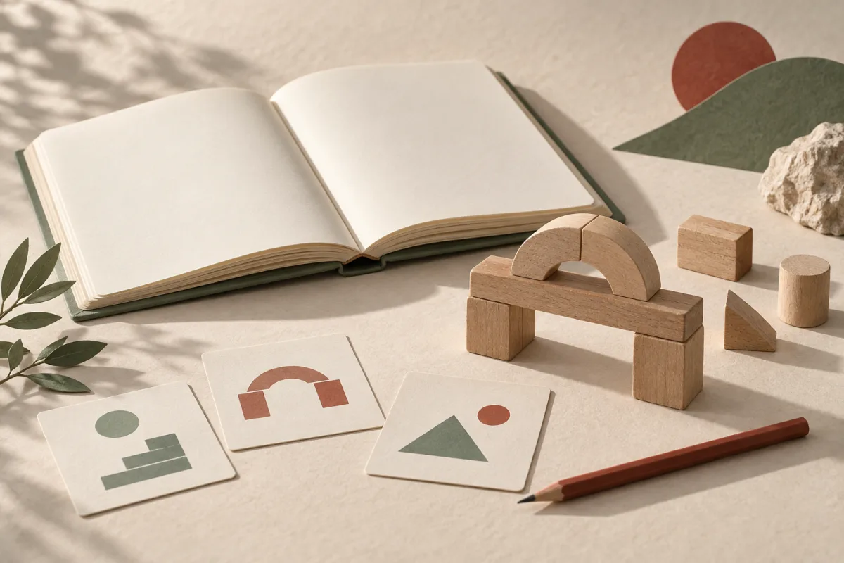 An exercise book, task cards and a bridge of wooden blocks represent learning by doing.