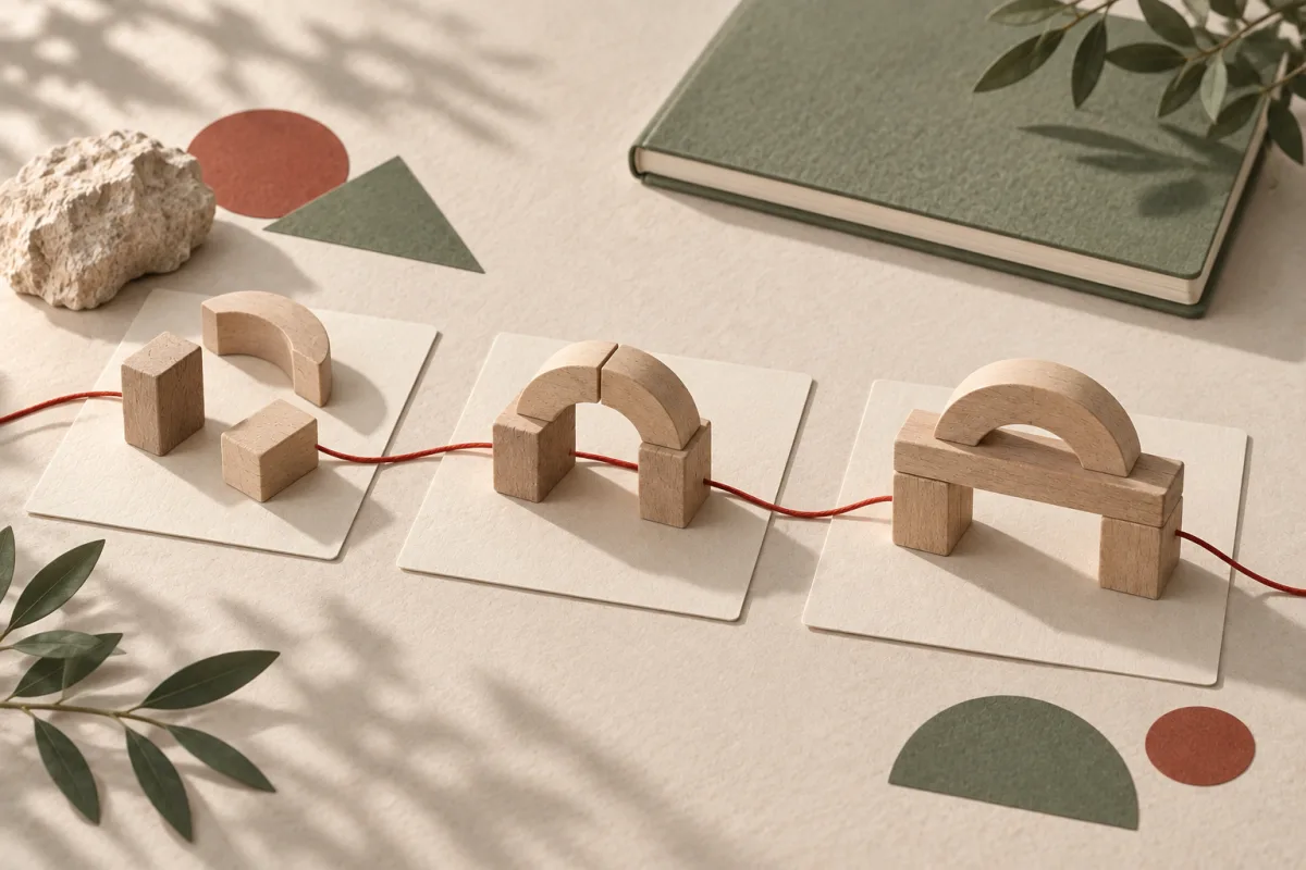 Three wooden constructions progress from loose pieces to a bridge, connected by a red thread.