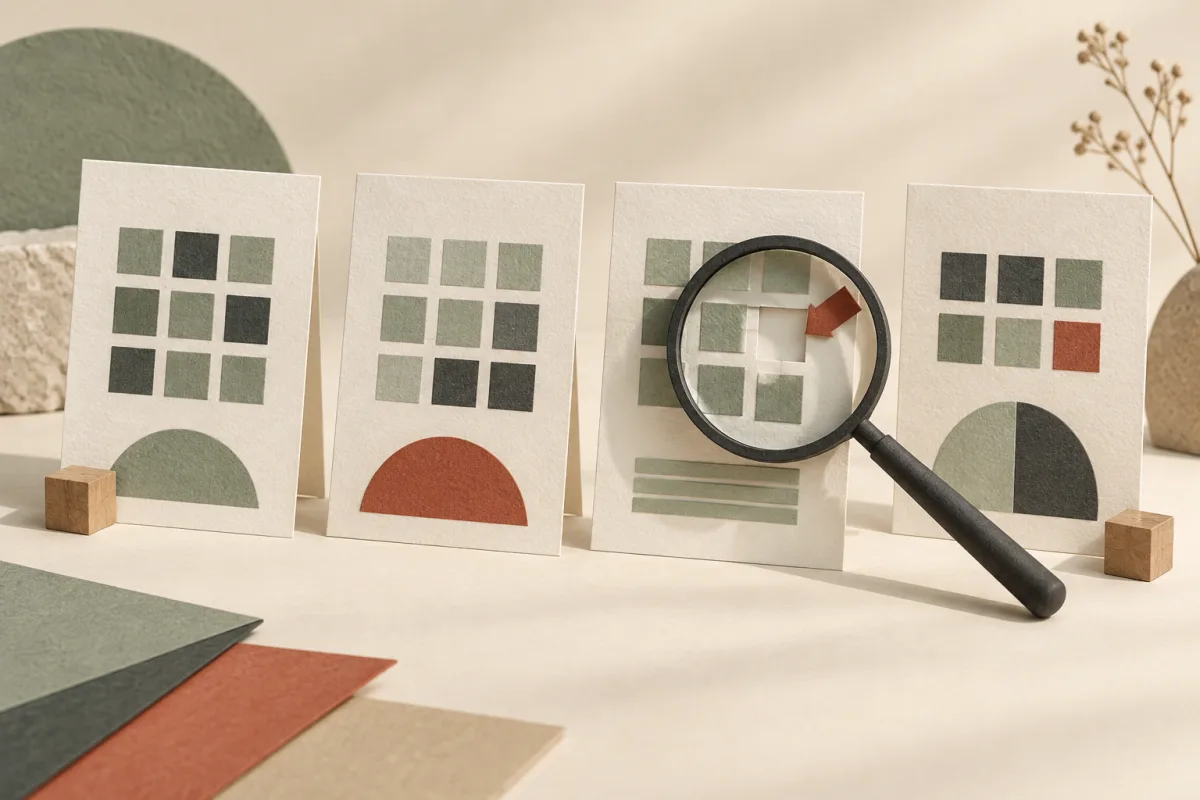 A magnifying glass reveals a missing square on comparison cards, illustrating a gap in the evidence.