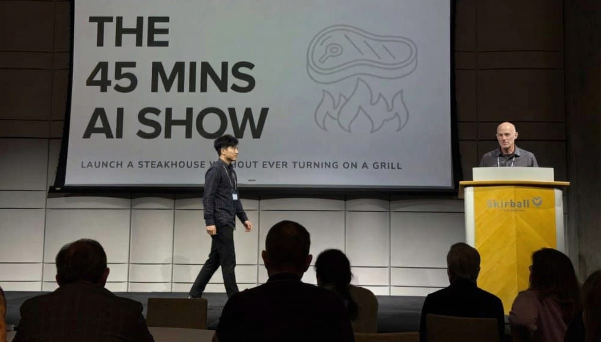 Sam Wong presenting The 45 Mins AI Show on stage at the Skirball Center, YPO event